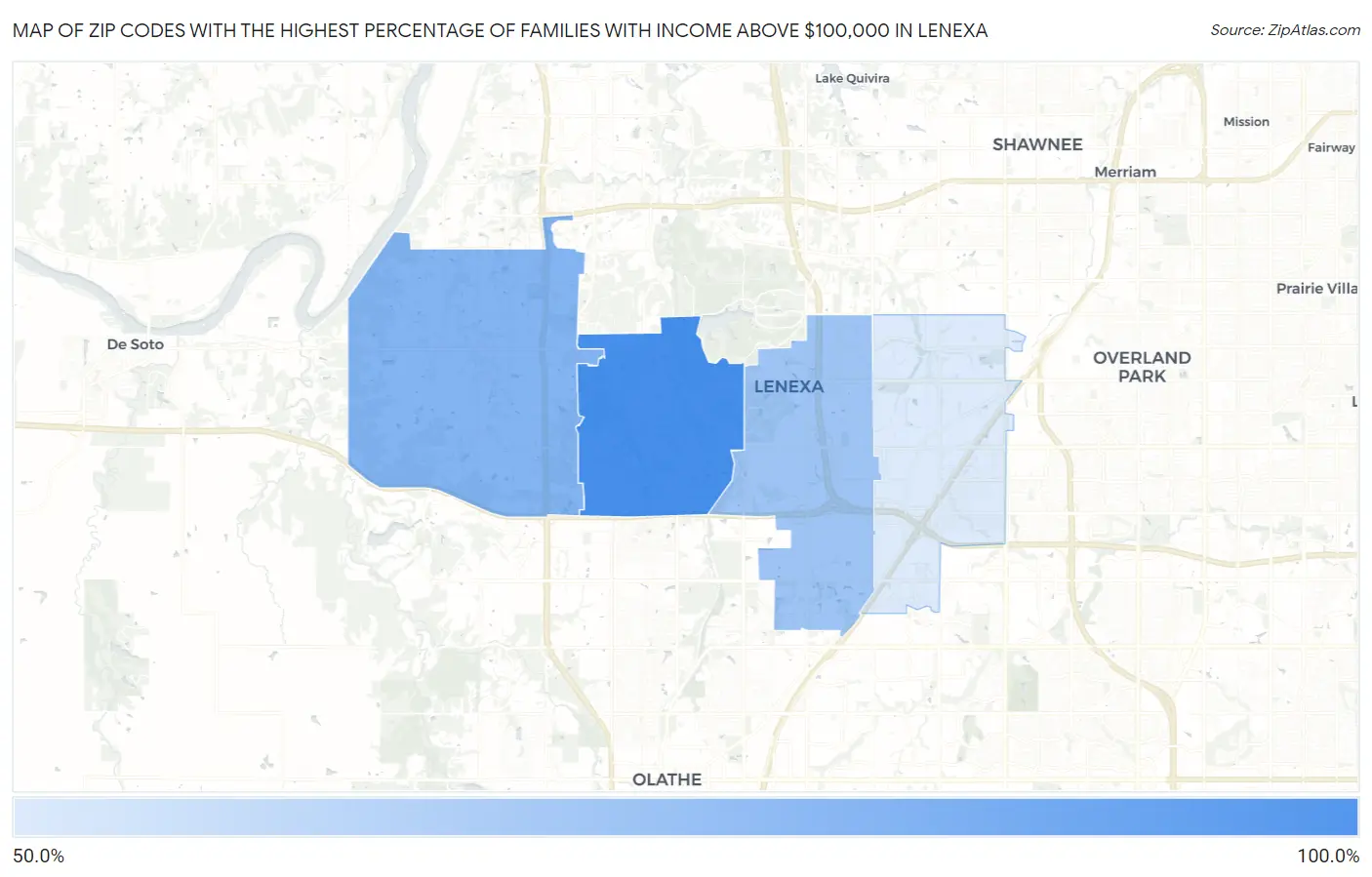 Zip Codes with the Highest Percentage of Families with Income Above $100,000 in Lenexa Map