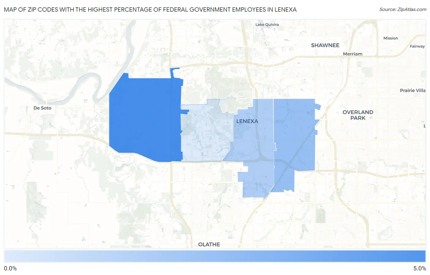 Zip Codes with the Highest Percentage of Federal Government Employees in Lenexa Map