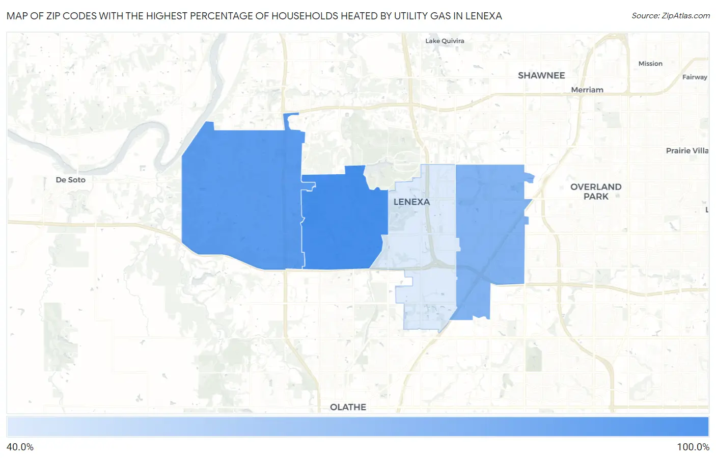 Zip Codes with the Highest Percentage of Households Heated by Utility Gas in Lenexa Map