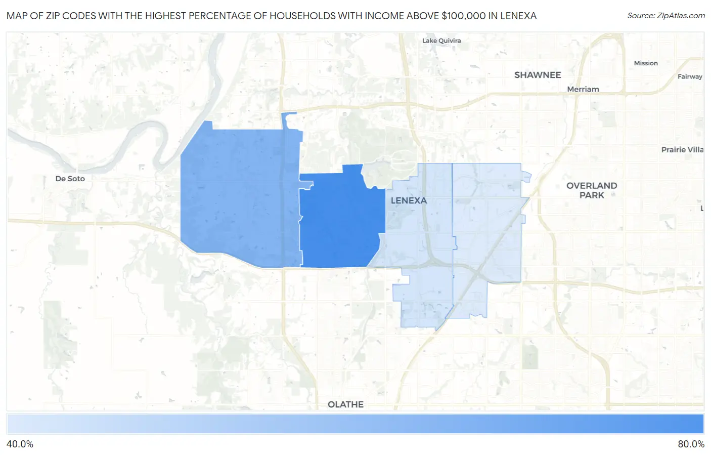 Zip Codes with the Highest Percentage of Households with Income Above $100,000 in Lenexa Map