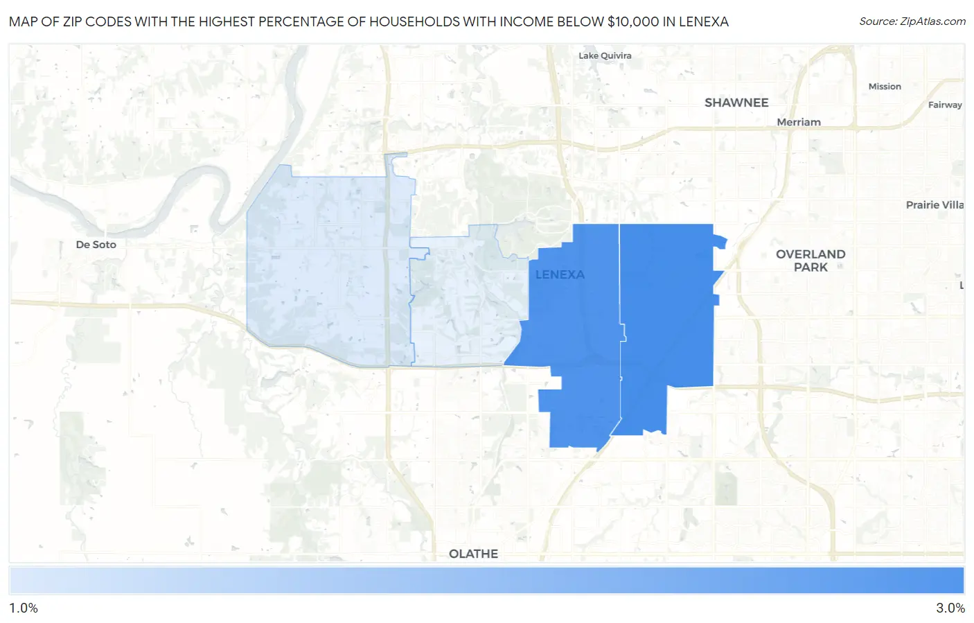 Zip Codes with the Highest Percentage of Households with Income Below $10,000 in Lenexa Map