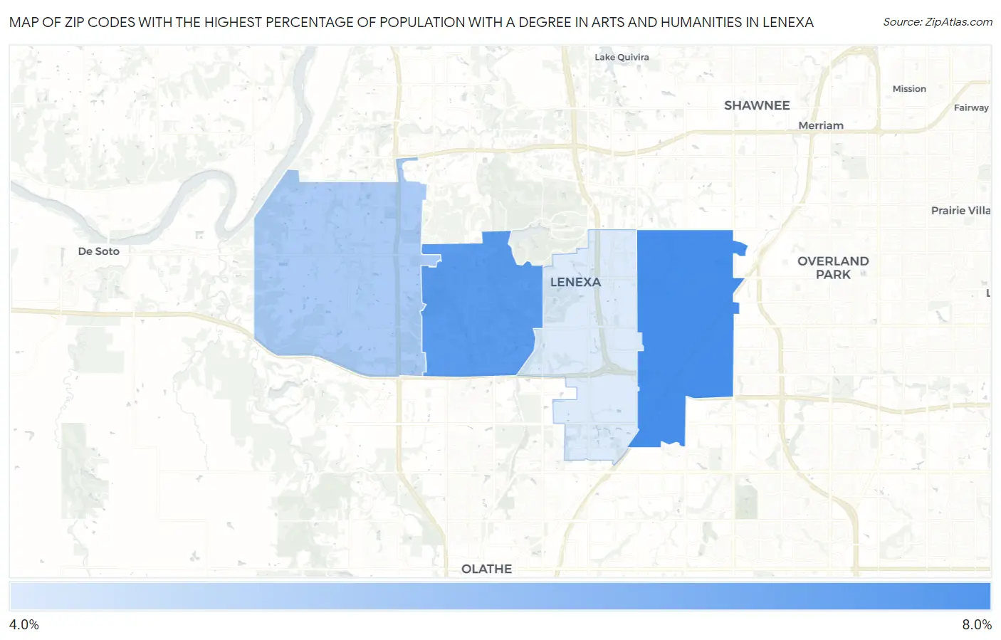 Zip Codes with the Highest Percentage of Population with a Degree in Arts and Humanities in Lenexa Map