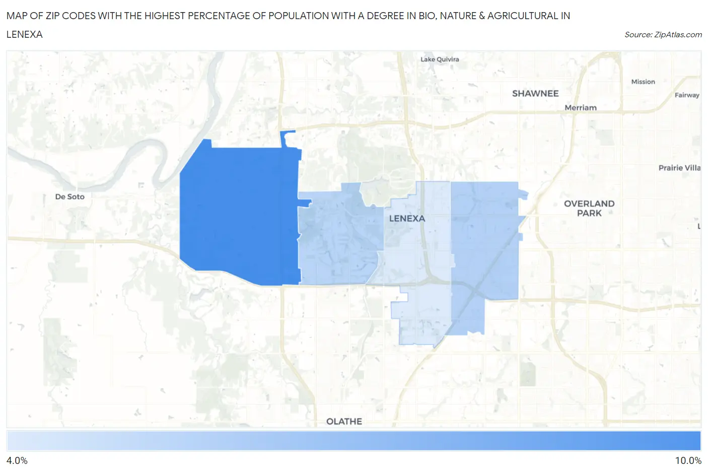 Zip Codes with the Highest Percentage of Population with a Degree in Bio, Nature & Agricultural in Lenexa Map