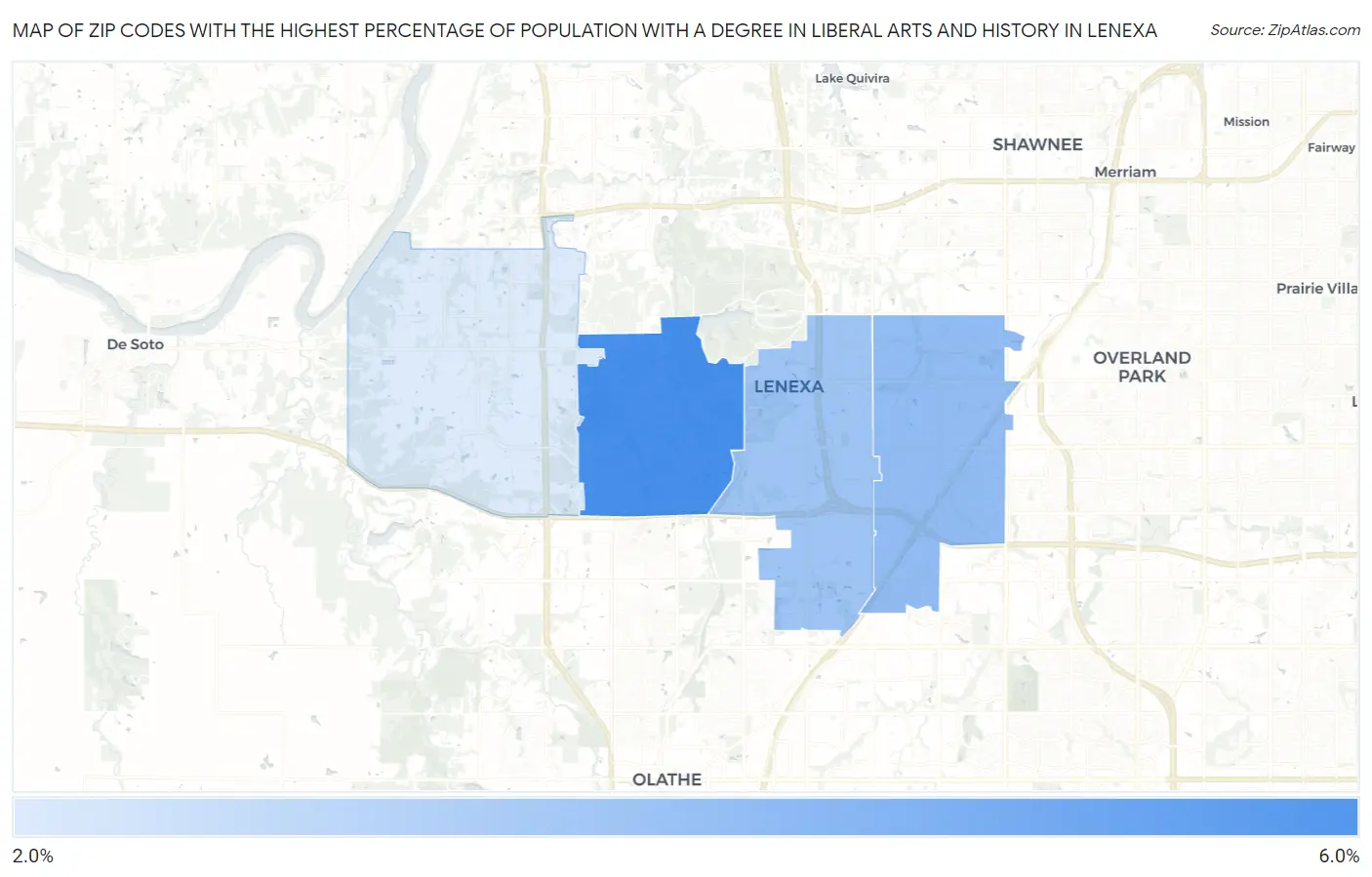 Zip Codes with the Highest Percentage of Population with a Degree in Liberal Arts and History in Lenexa Map
