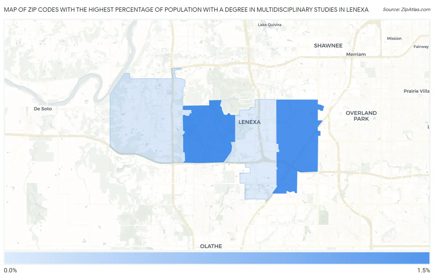 Zip Codes with the Highest Percentage of Population with a Degree in Multidisciplinary Studies in Lenexa Map