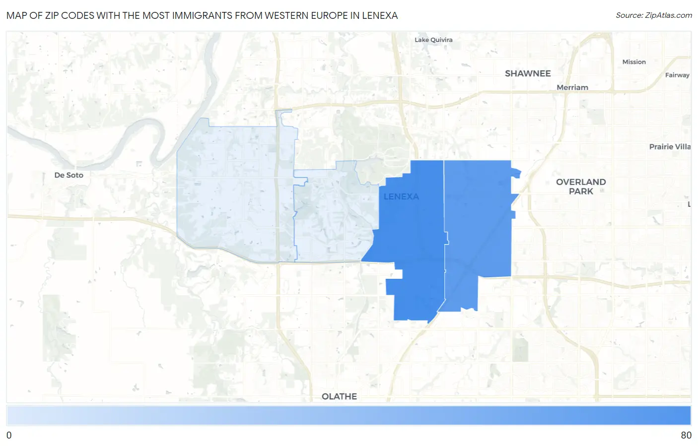 Zip Codes with the Most Immigrants from Western Europe in Lenexa Map