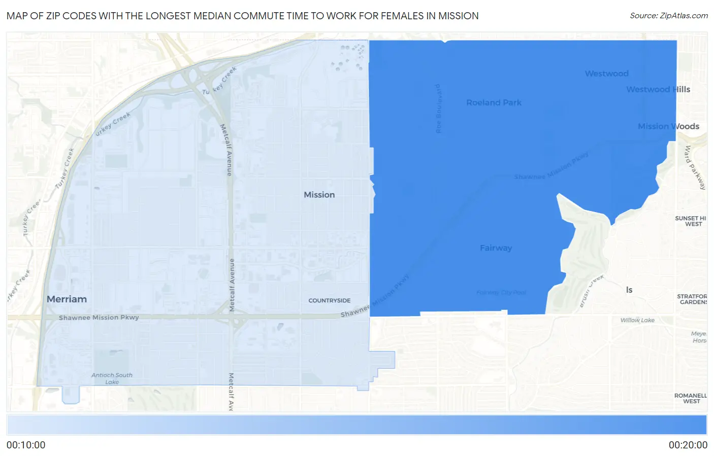 Zip Codes with the Longest Median Commute Time to Work for Females in Mission Map