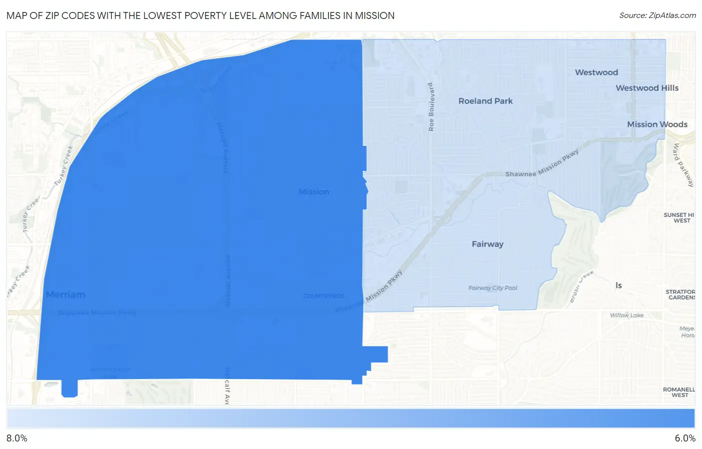 Zip Codes with the Lowest Poverty Level Among Families in Mission Map