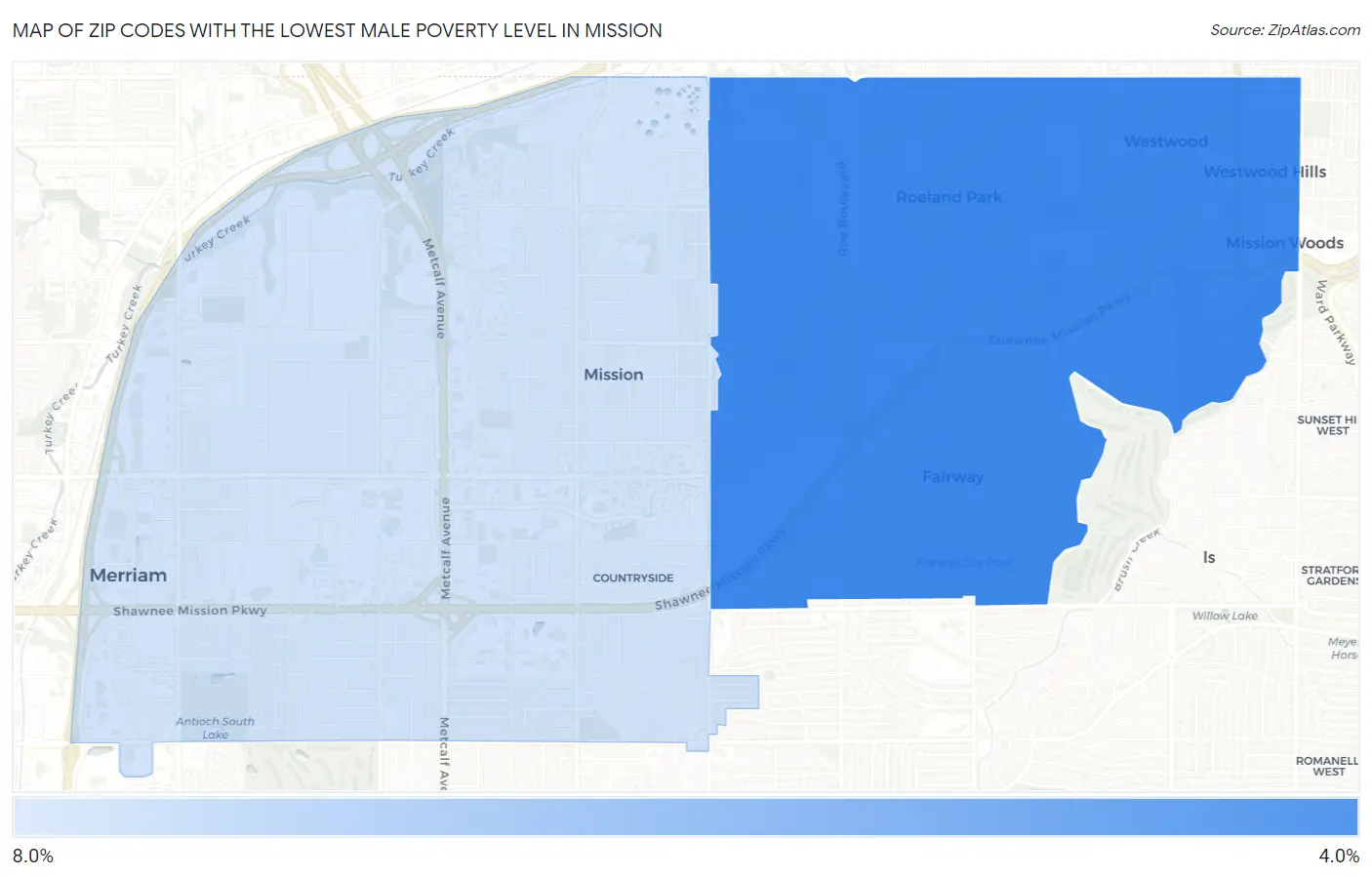 Zip Codes with the Lowest Male Poverty Level in Mission Map