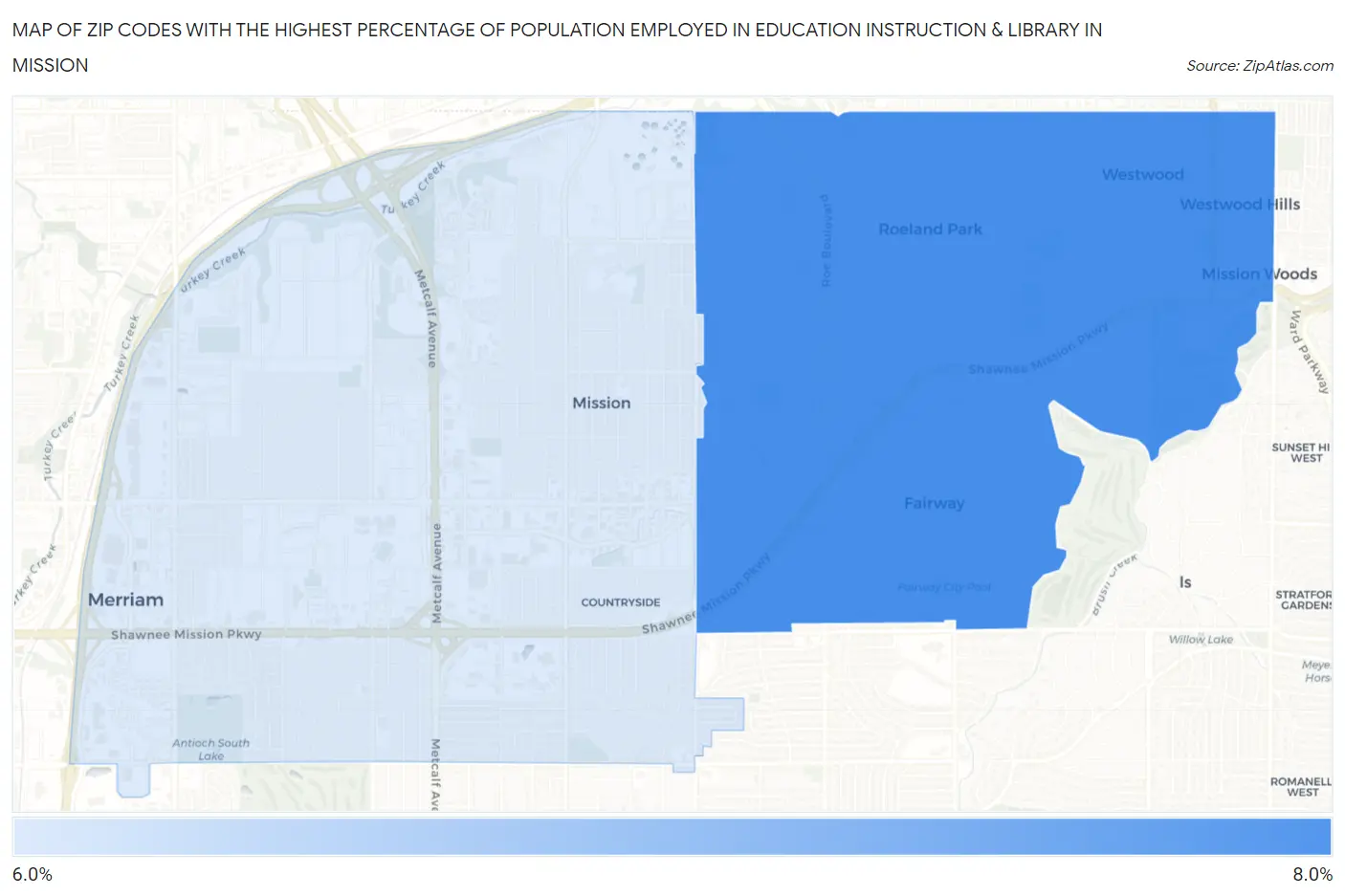 Zip Codes with the Highest Percentage of Population Employed in Education Instruction & Library in Mission Map