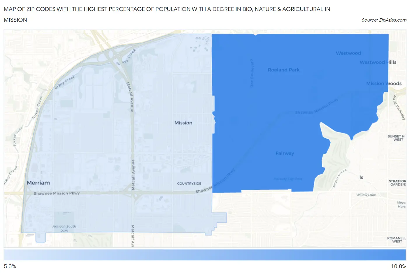 Zip Codes with the Highest Percentage of Population with a Degree in Bio, Nature & Agricultural in Mission Map
