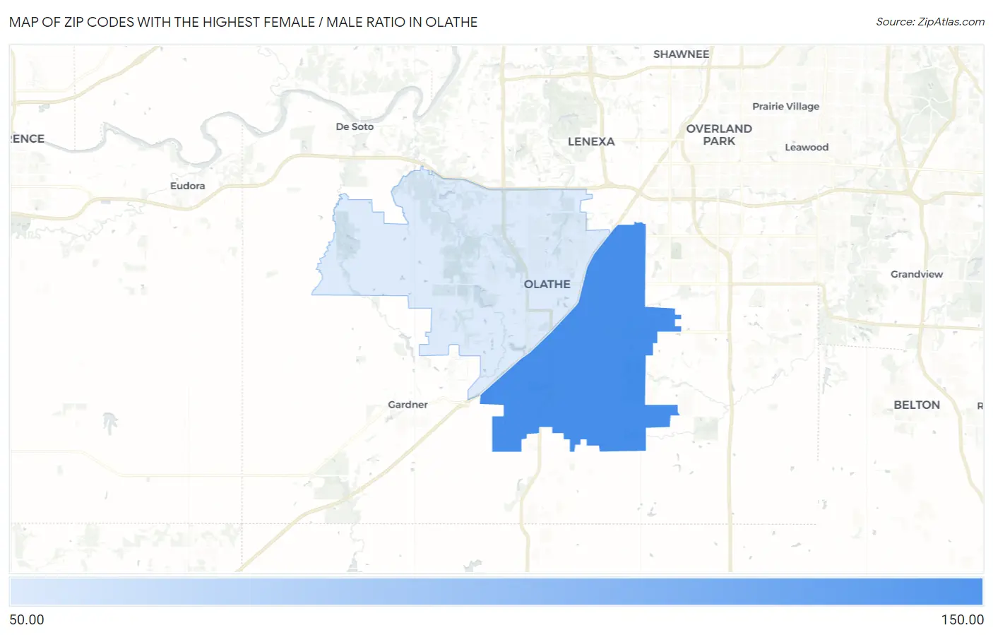Zip Codes with the Highest Female / Male Ratio in Olathe Map