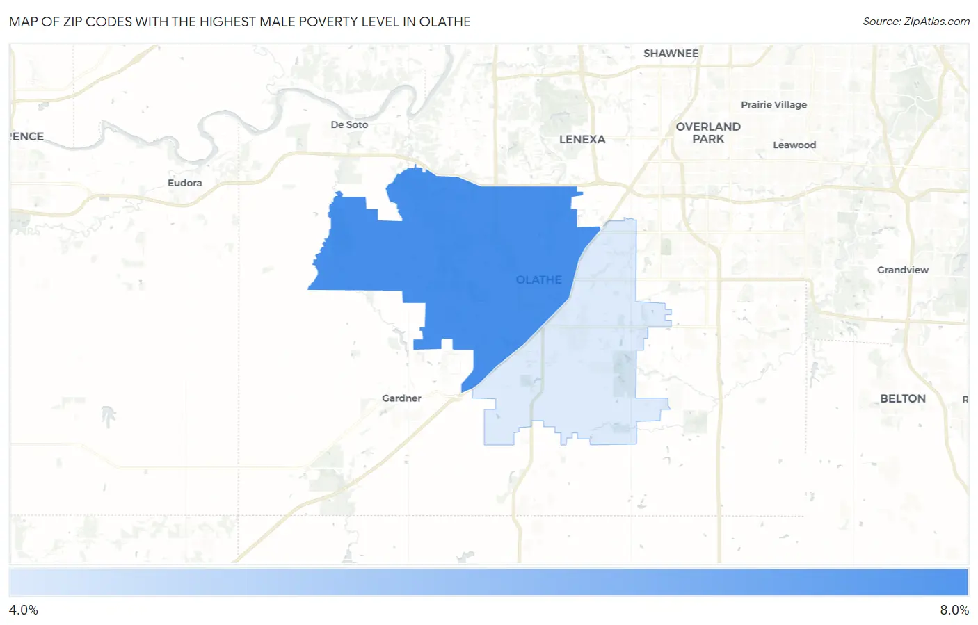 Zip Codes with the Highest Male Poverty Level in Olathe Map