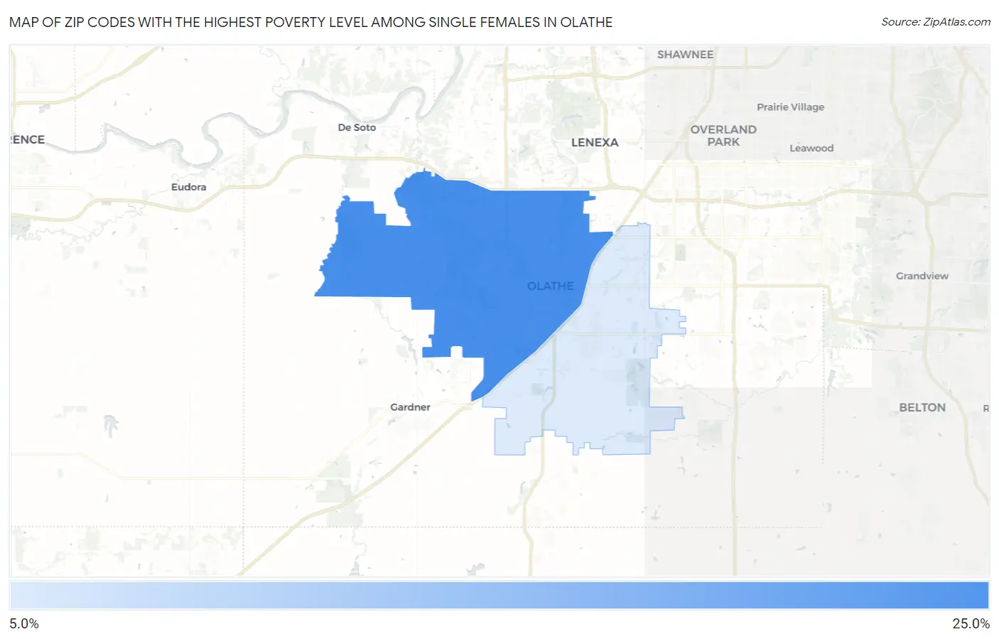 Zip Codes with the Highest Poverty Level Among Single Females in Olathe Map