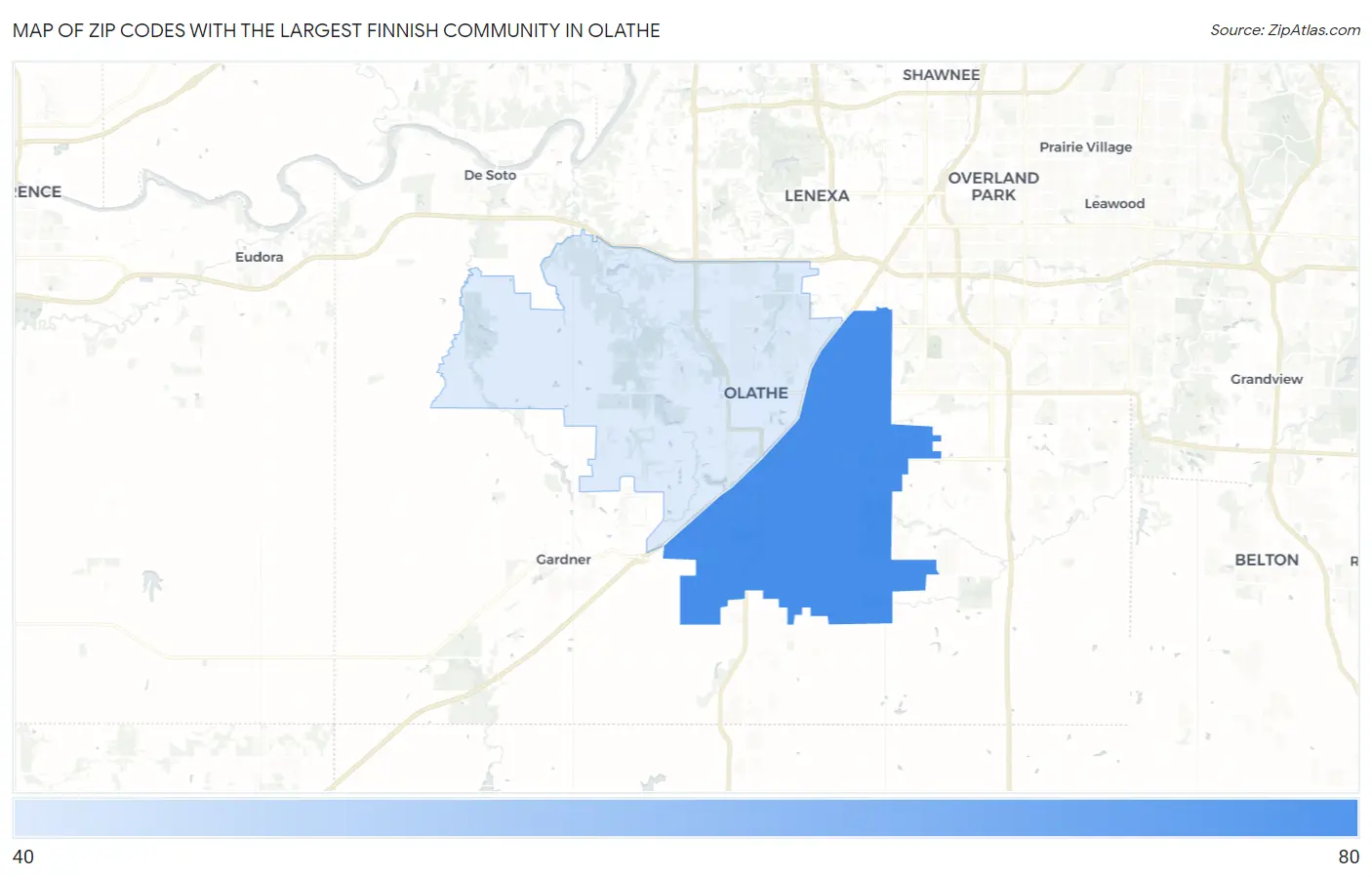Zip Codes with the Largest Finnish Community in Olathe Map