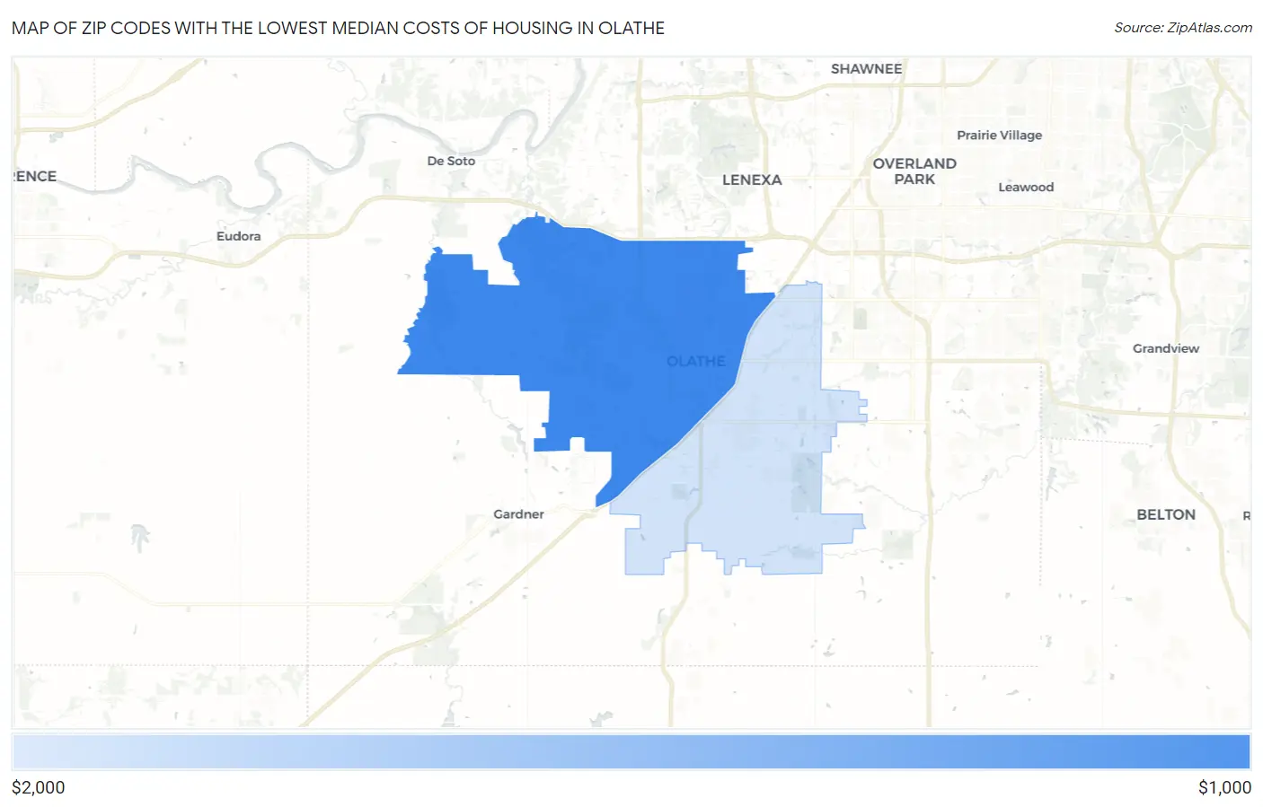 Zip Codes with the Lowest Median Costs of Housing in Olathe Map