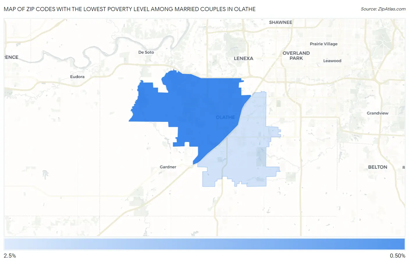 Zip Codes with the Lowest Poverty Level Among Married Couples in Olathe Map