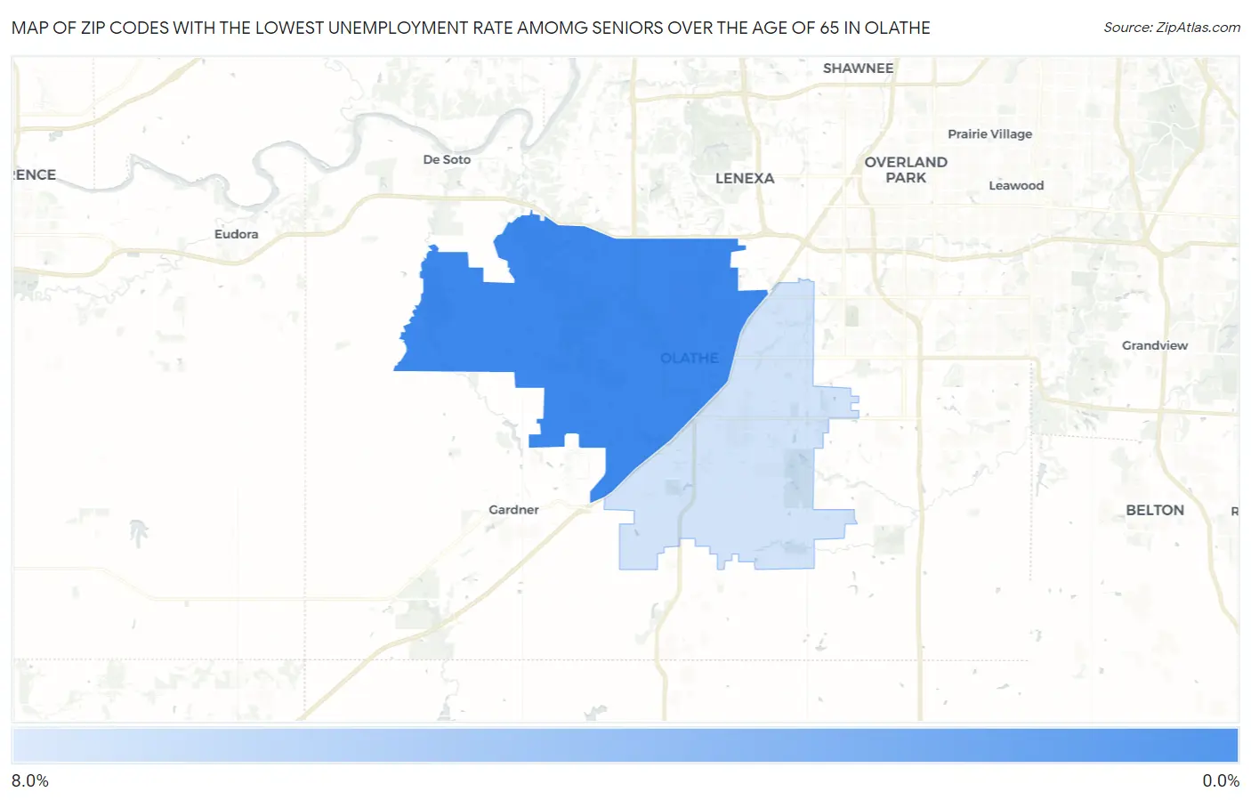 Zip Codes with the Lowest Unemployment Rate Amomg Seniors Over the Age of 65 in Olathe Map