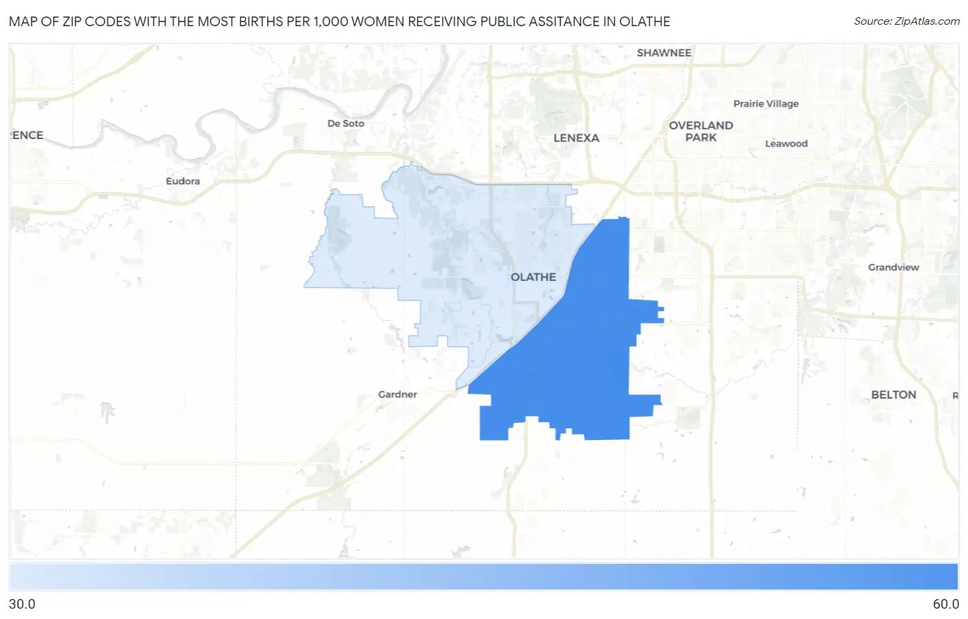 Zip Codes with the Most Births per 1,000 Women Receiving Public Assitance in Olathe Map