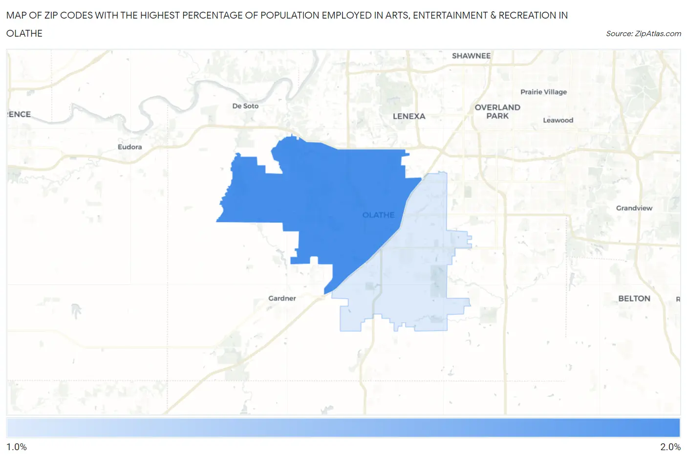 Zip Codes with the Highest Percentage of Population Employed in Arts, Entertainment & Recreation in Olathe Map