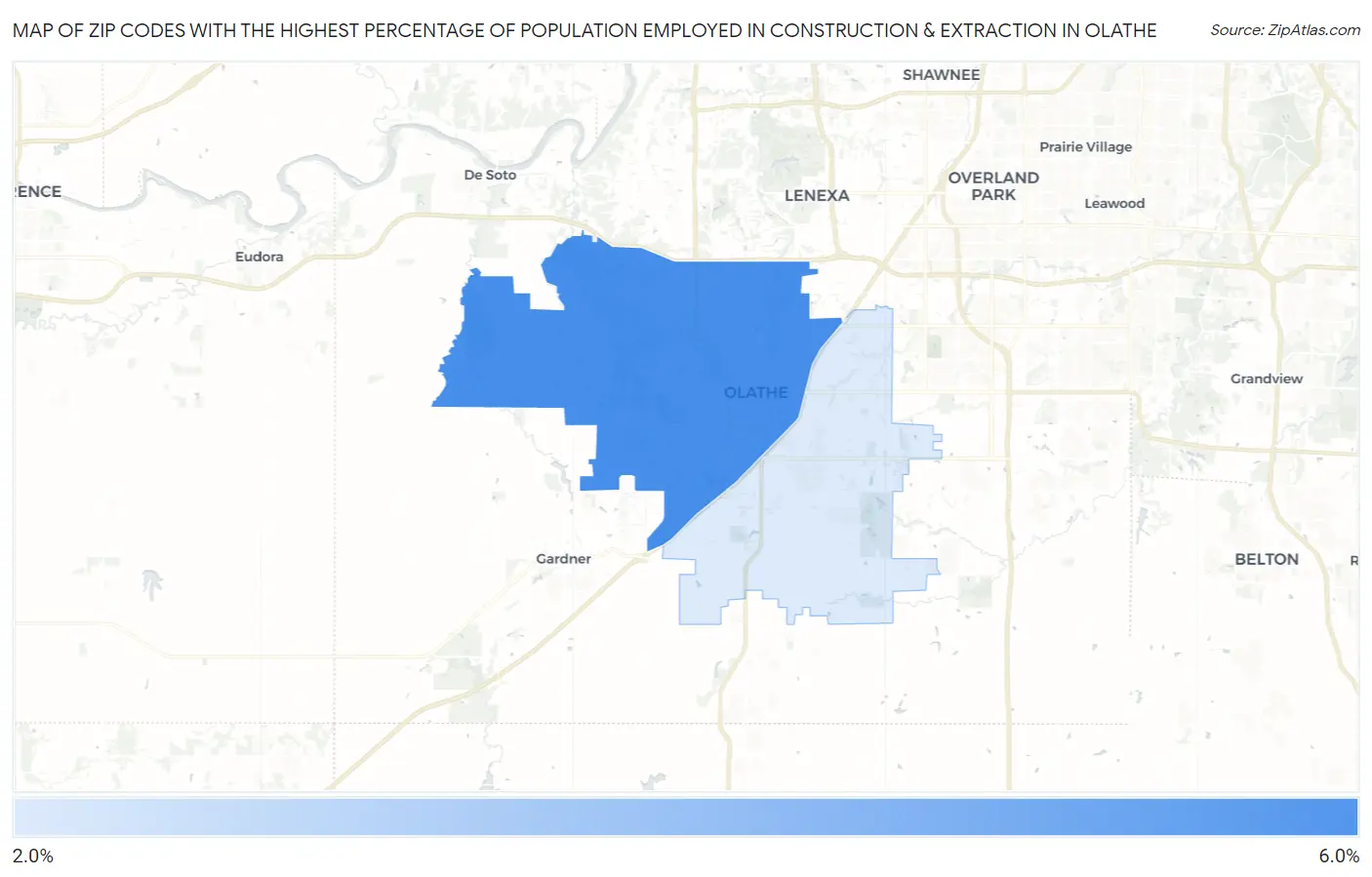 Zip Codes with the Highest Percentage of Population Employed in Construction & Extraction in Olathe Map