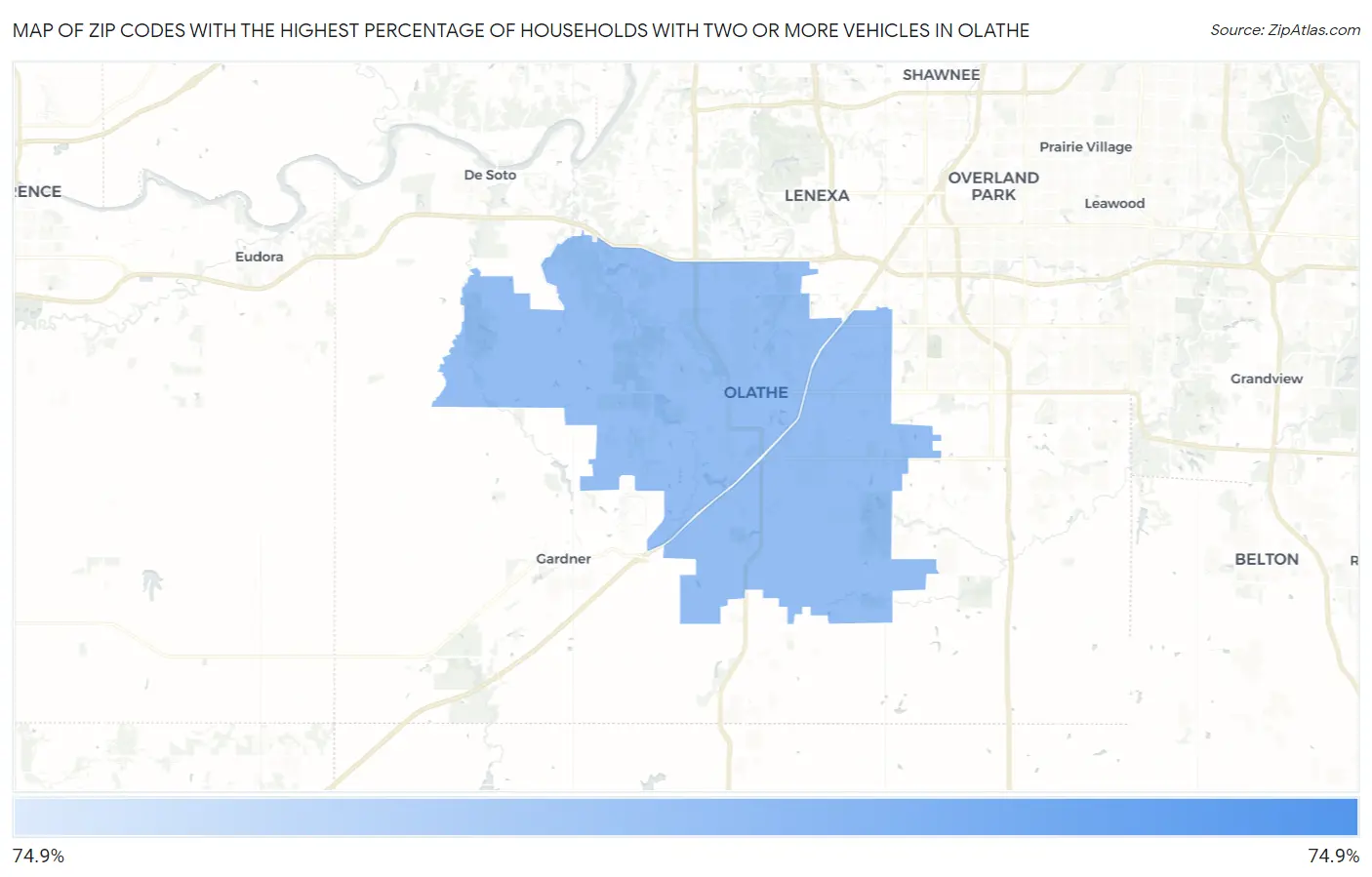 Zip Codes with the Highest Percentage of Households With Two or more Vehicles in Olathe Map
