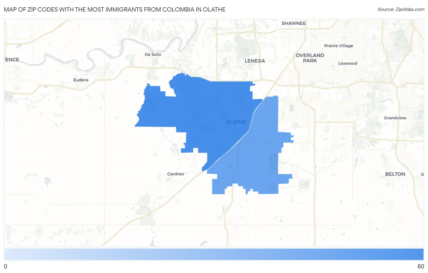 Zip Codes with the Most Immigrants from Colombia in Olathe Map