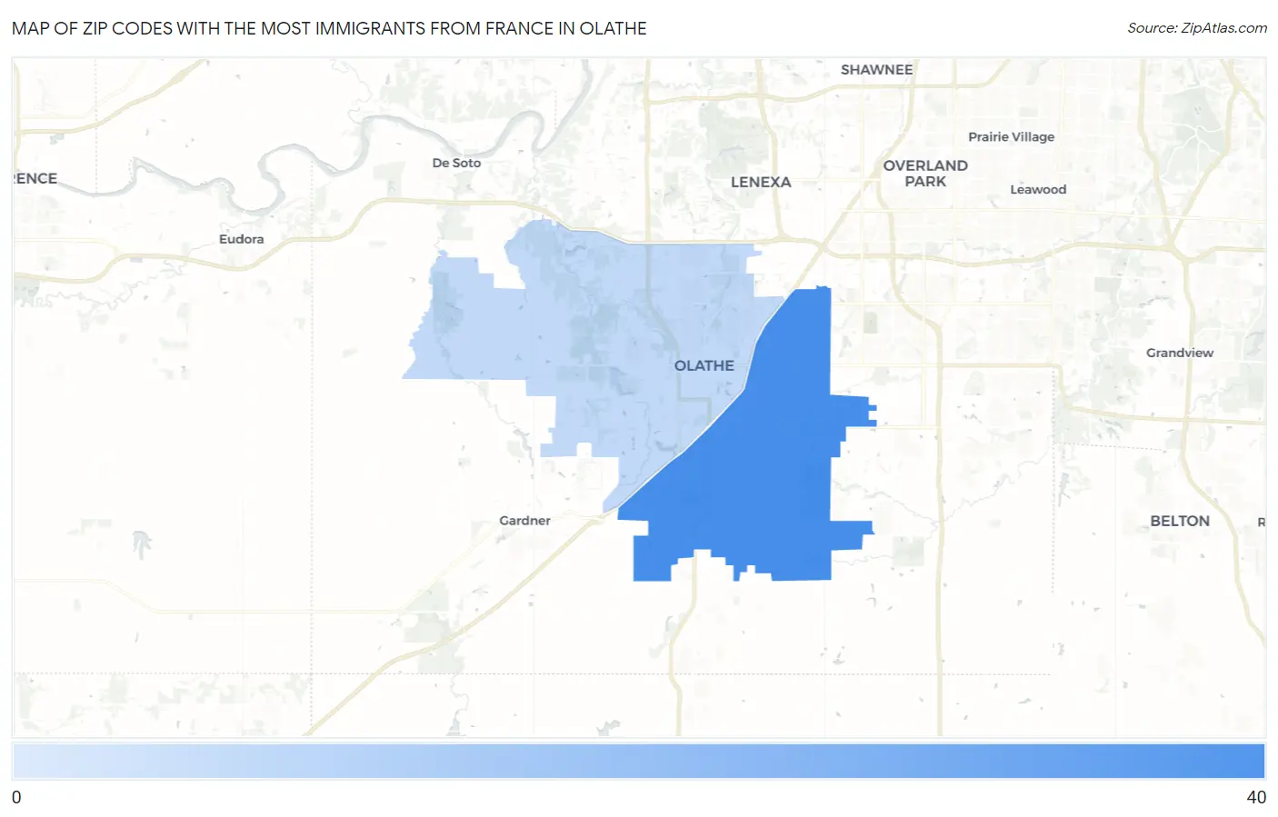 Zip Codes with the Most Immigrants from France in Olathe Map