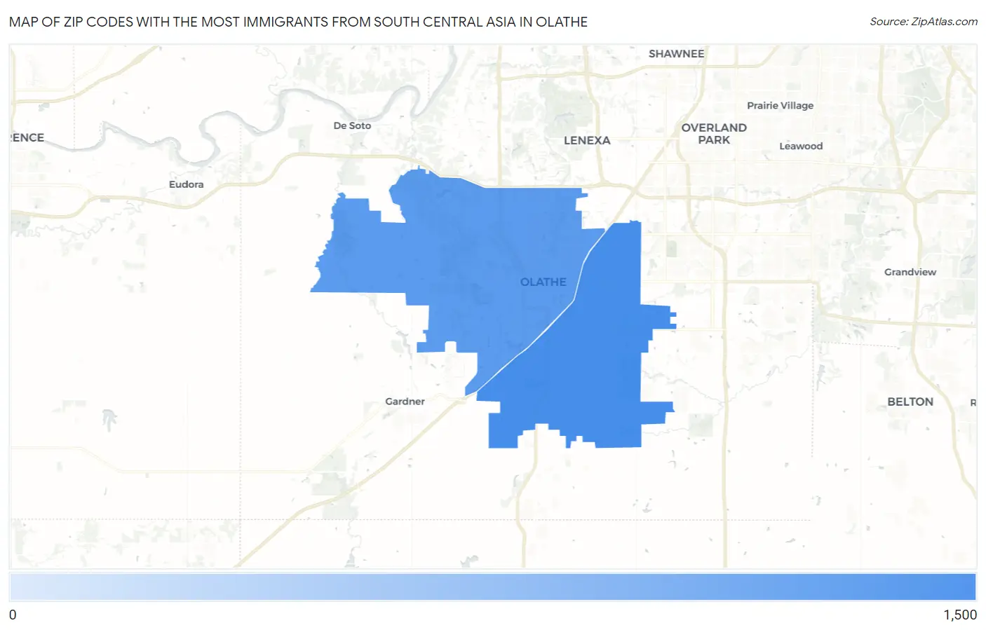 Zip Codes with the Most Immigrants from South Central Asia in Olathe Map