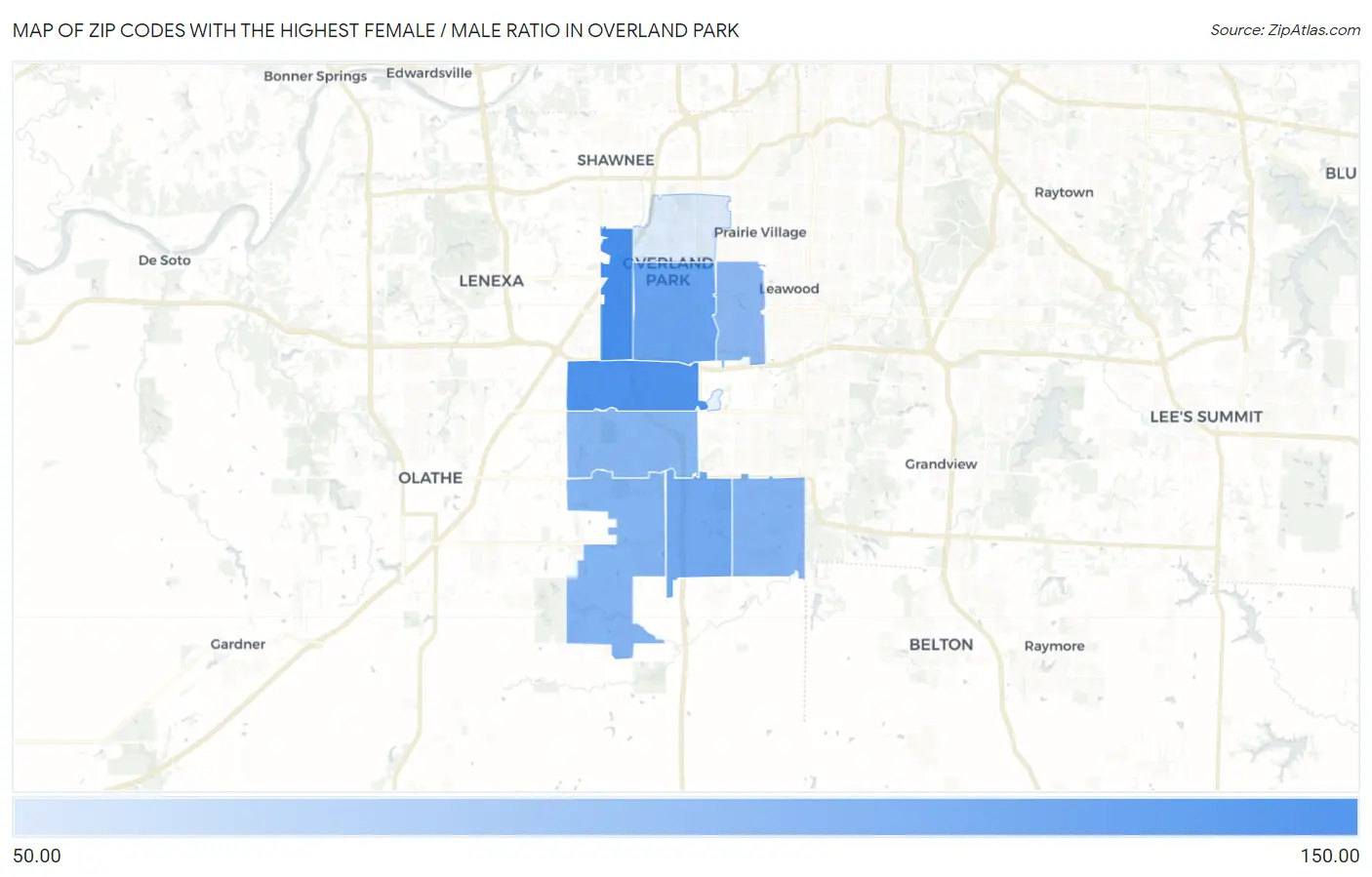 Zip Codes with the Highest Female / Male Ratio in Overland Park Map