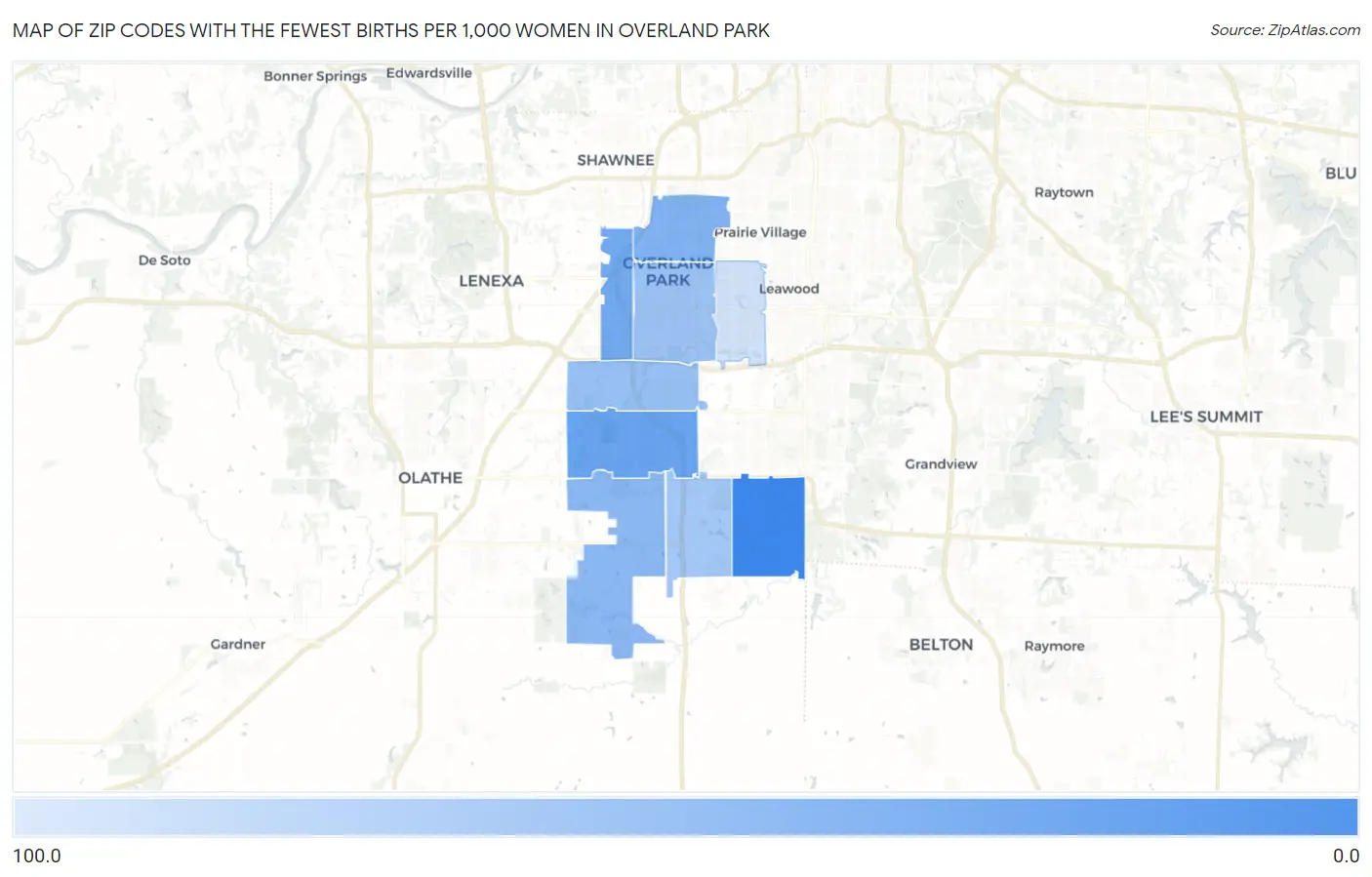 Zip Codes with the Fewest Births per 1,000 Women in Overland Park Map
