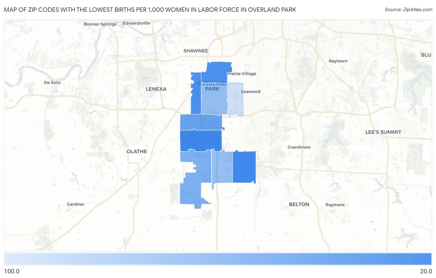 Zip Codes with the Lowest Births per 1,000 Women in Labor Force in Overland Park Map