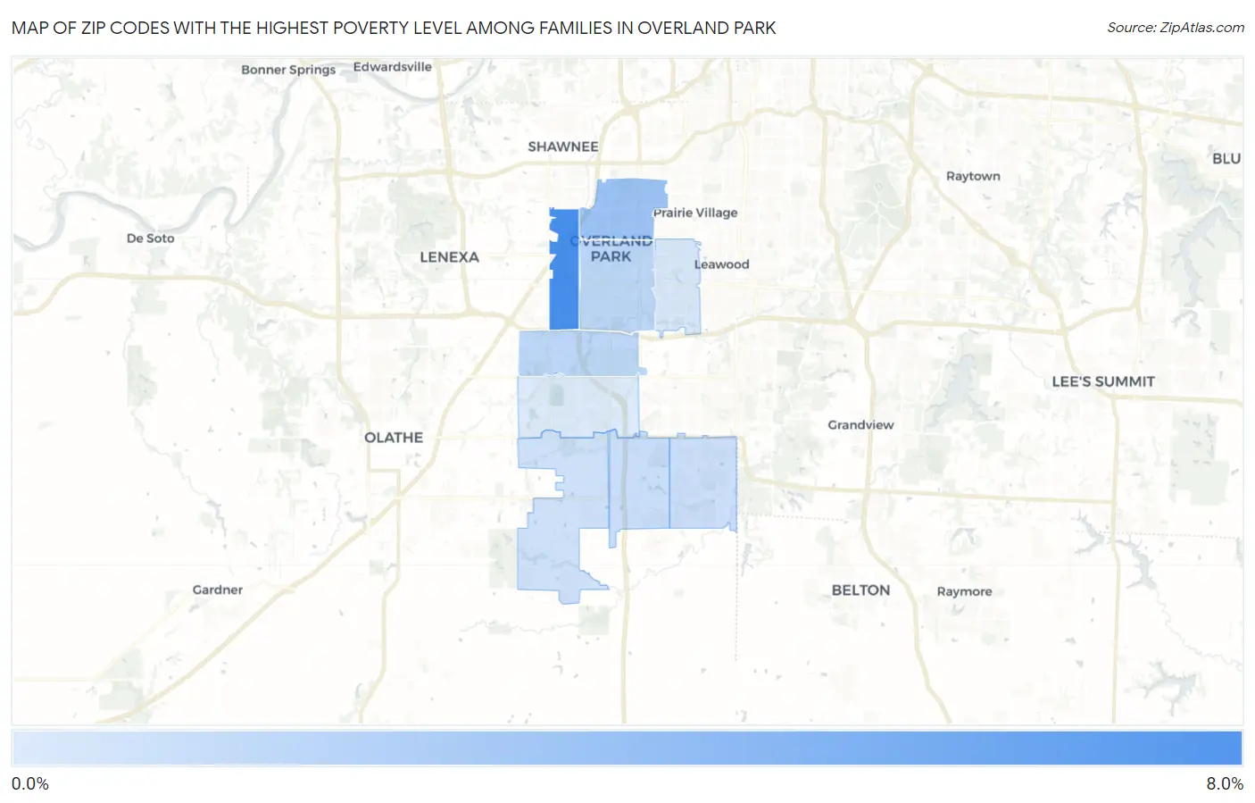 Zip Codes with the Highest Poverty Level Among Families in Overland Park Map