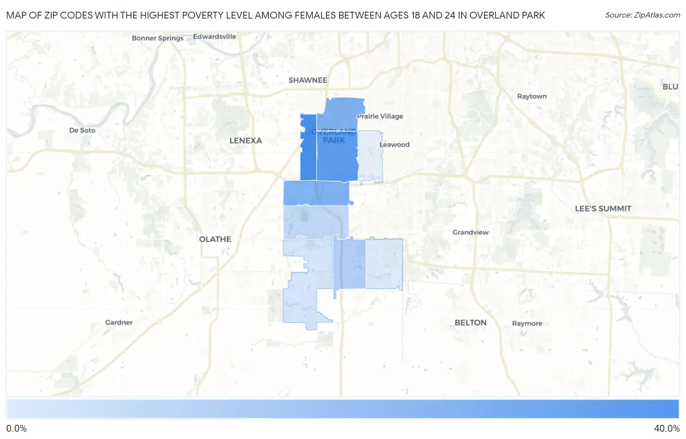 Zip Codes with the Highest Poverty Level Among Females Between Ages 18 and 24 in Overland Park Map