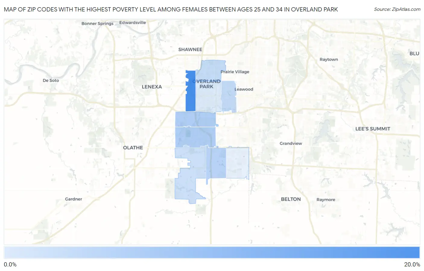 Zip Codes with the Highest Poverty Level Among Females Between Ages 25 and 34 in Overland Park Map