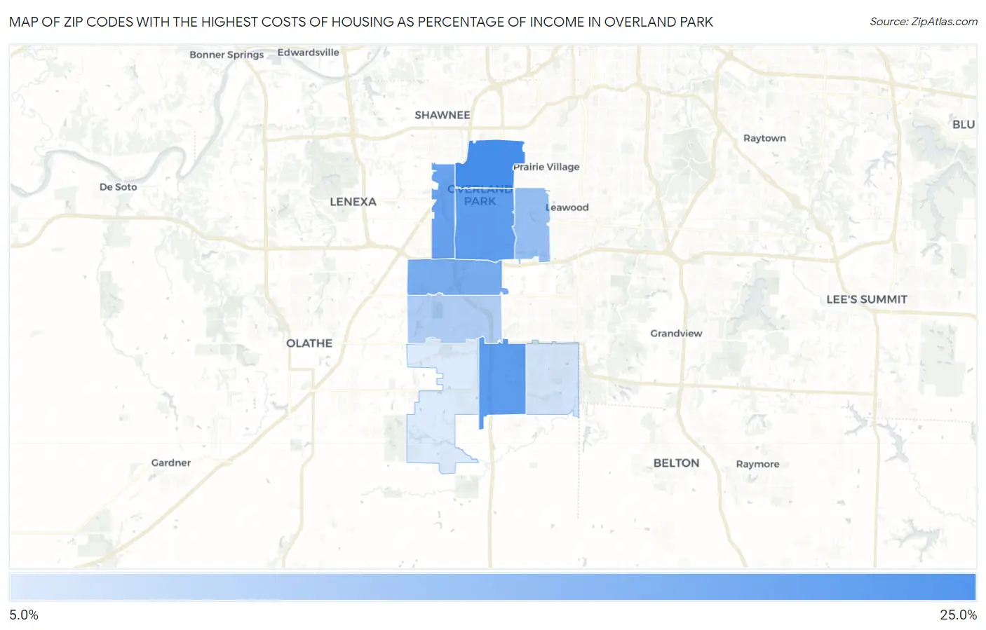 Zip Codes with the Highest Costs of Housing as Percentage of Income in Overland Park Map