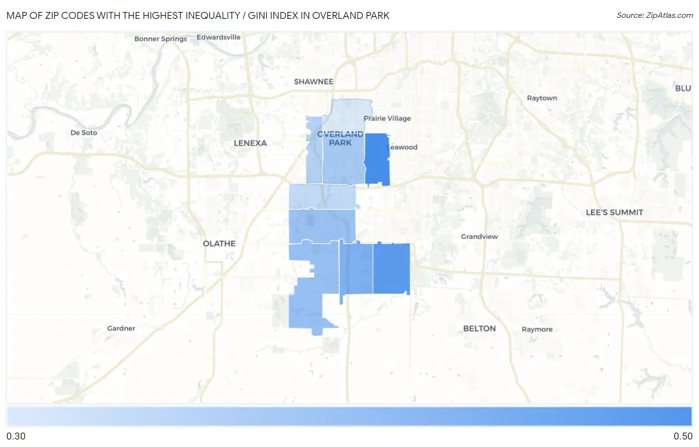 Zip Codes with the Highest Inequality / Gini Index in Overland Park Map