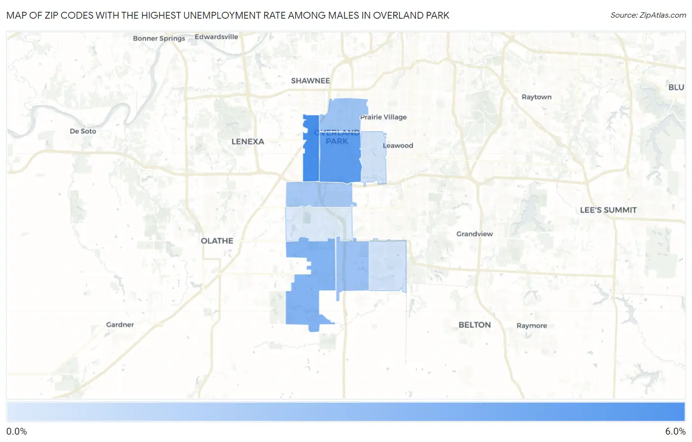Zip Codes with the Highest Unemployment Rate Among Males in Overland Park Map