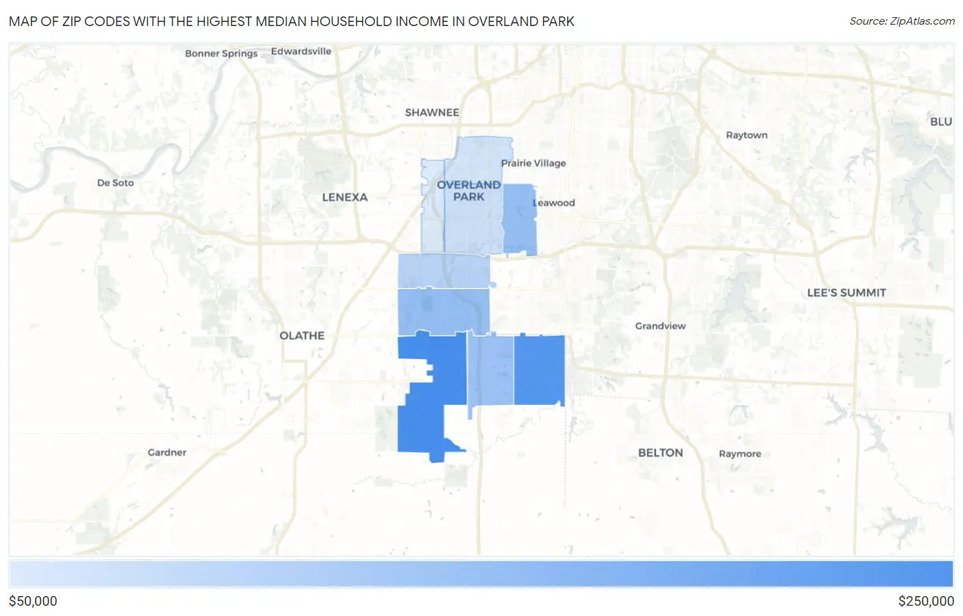 Zip Codes with the Highest Median Household Income in Overland Park Map