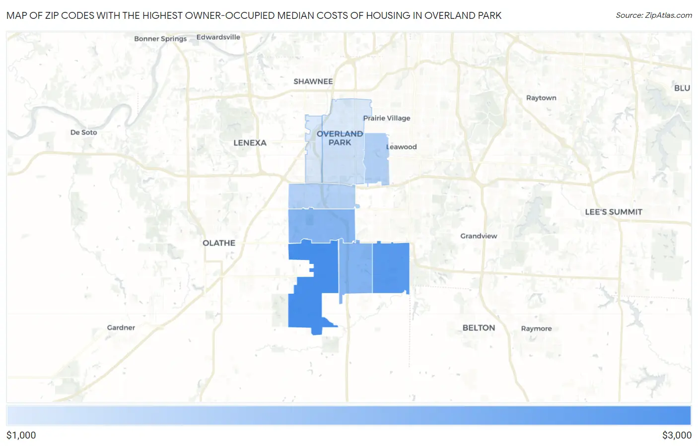 Zip Codes with the Highest Owner-Occupied Median Costs of Housing in Overland Park Map