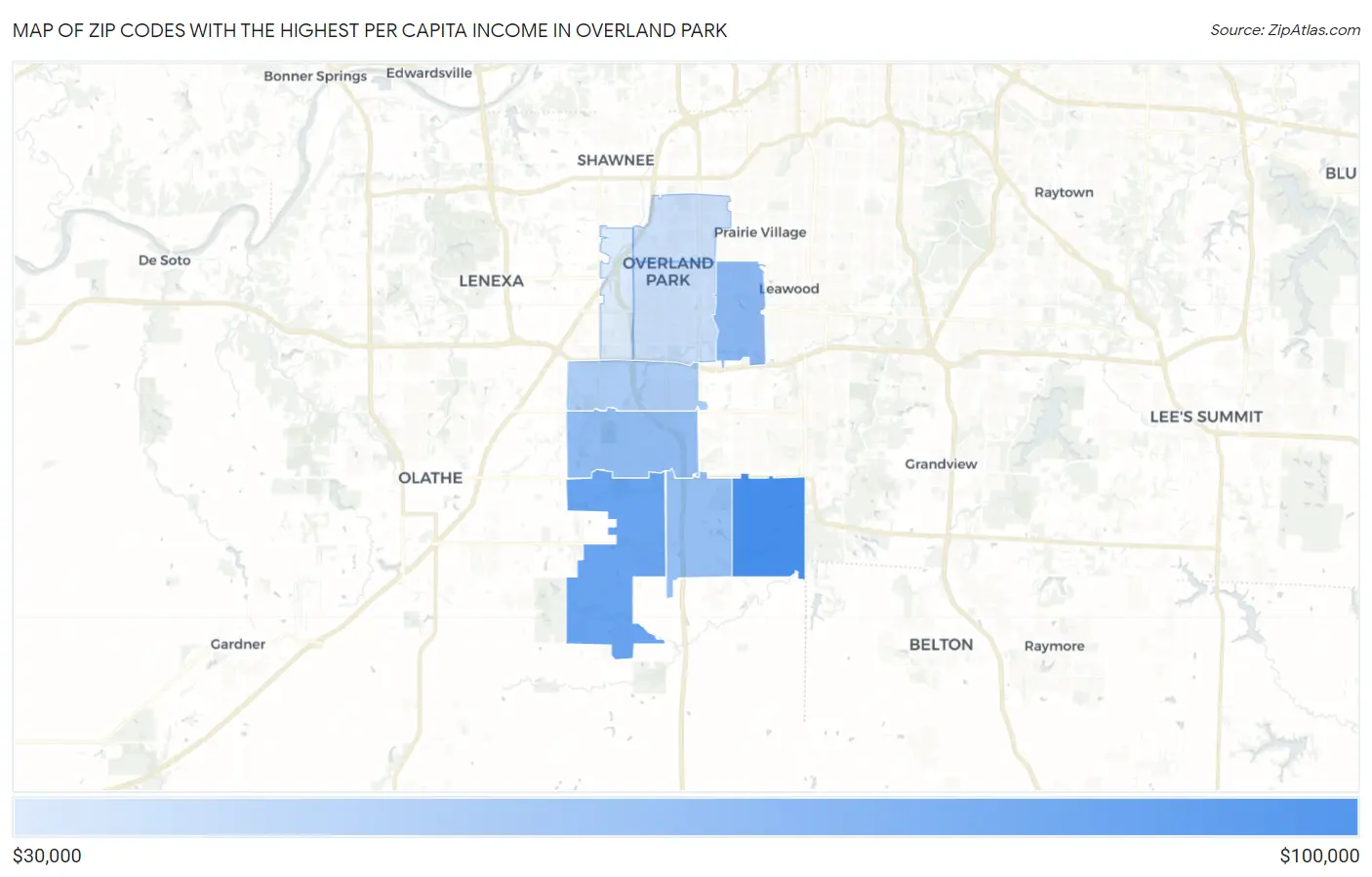 Zip Codes with the Highest Per Capita Income in Overland Park Map