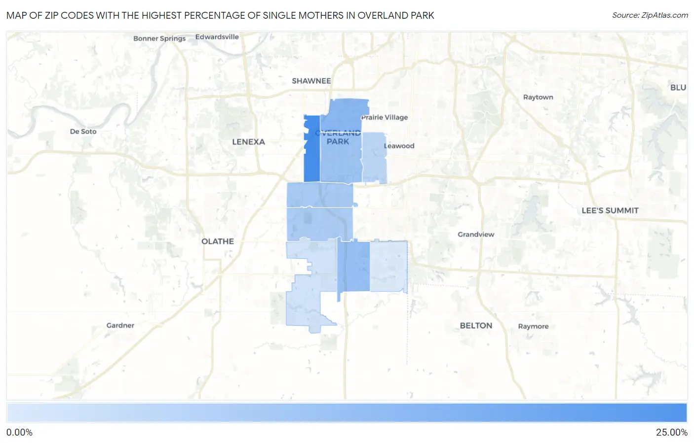Zip Codes with the Highest Percentage of Single Mothers in Overland Park Map