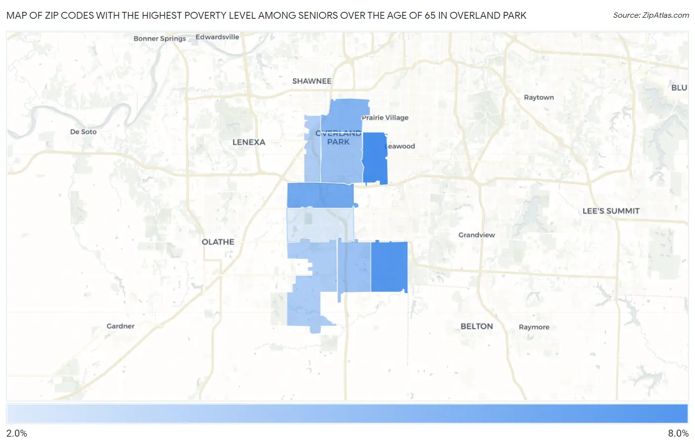 Zip Codes with the Highest Poverty Level Among Seniors Over the Age of 65 in Overland Park Map