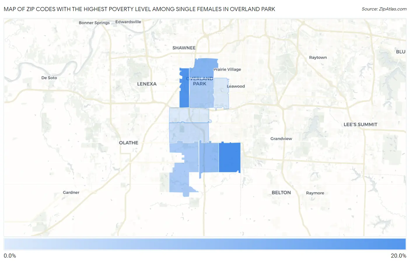 Zip Codes with the Highest Poverty Level Among Single Females in Overland Park Map