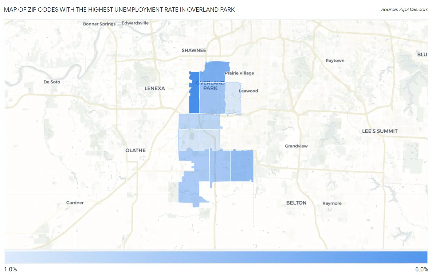 Zip Codes with the Highest Unemployment Rate in Overland Park Map