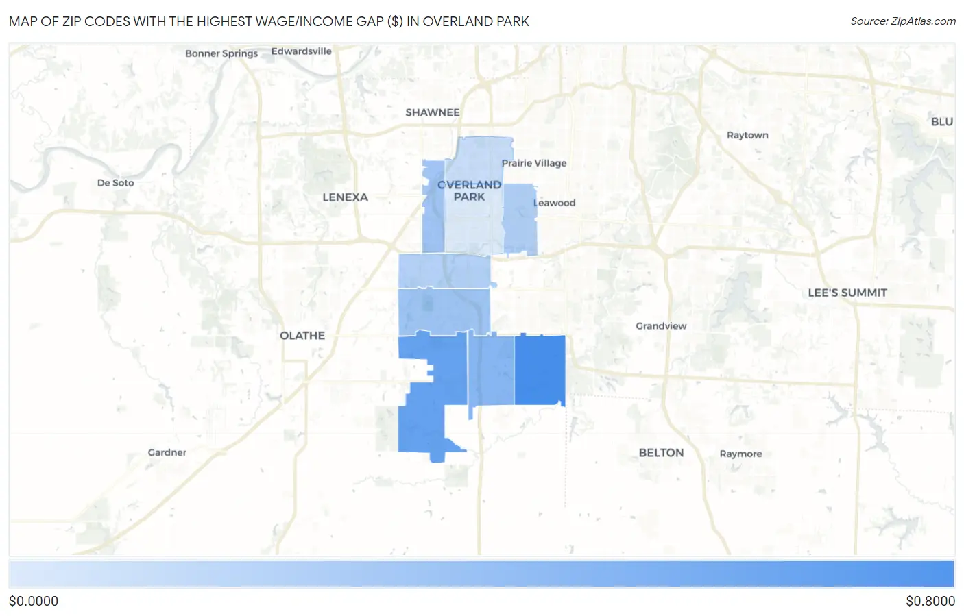 Zip Codes with the Highest Wage/Income Gap ($) in Overland Park Map