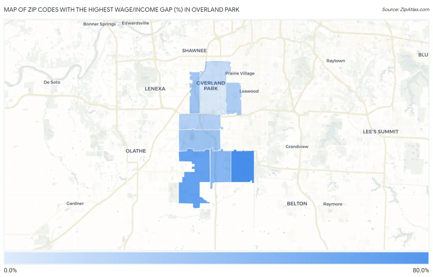 Zip Codes with the Highest Wage/Income Gap (%) in Overland Park Map