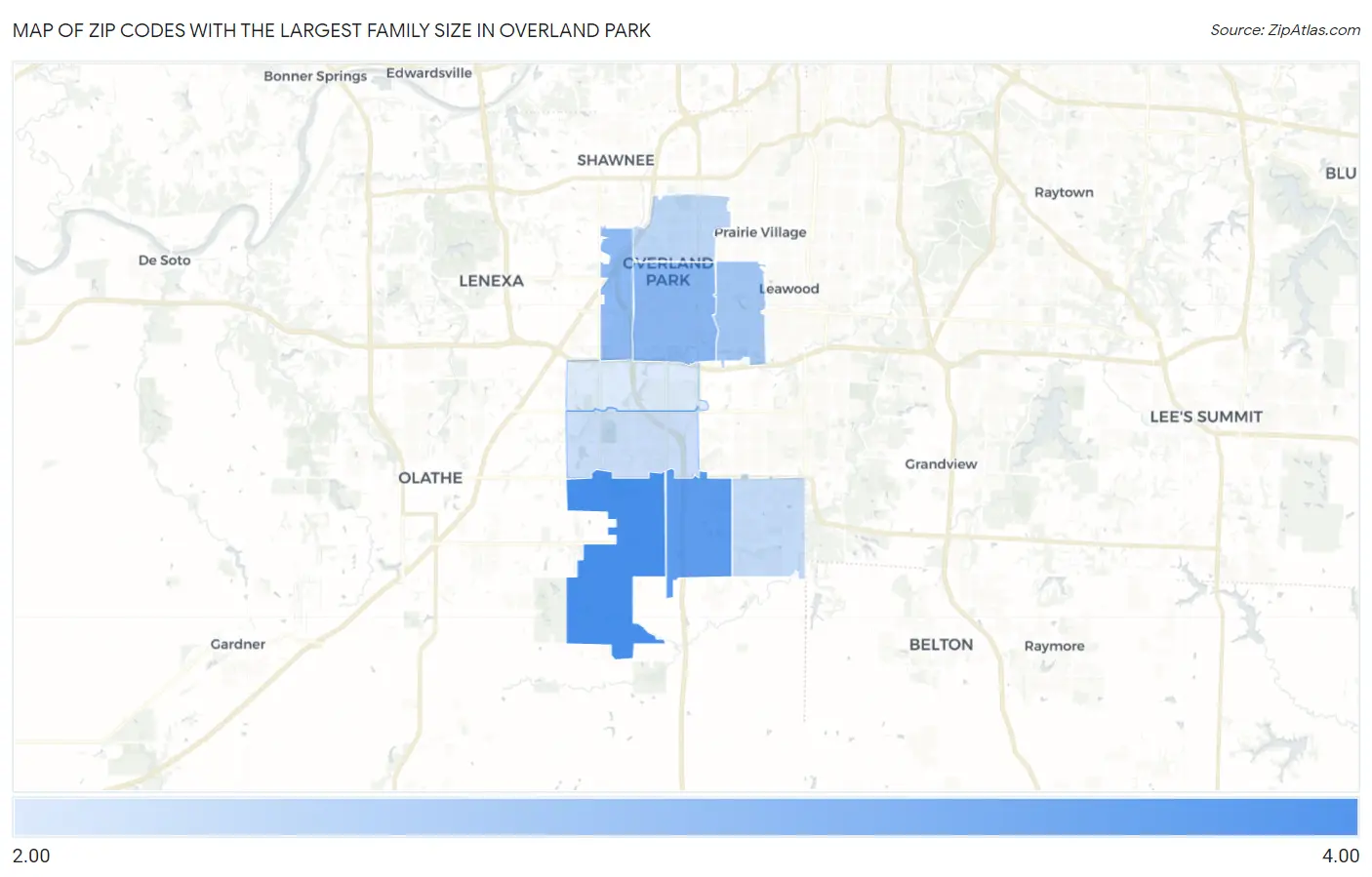 Zip Codes with the Largest Family Size in Overland Park Map