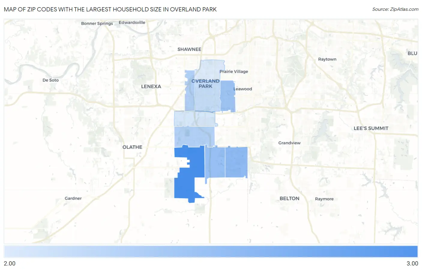 Zip Codes with the Largest Household Size in Overland Park Map