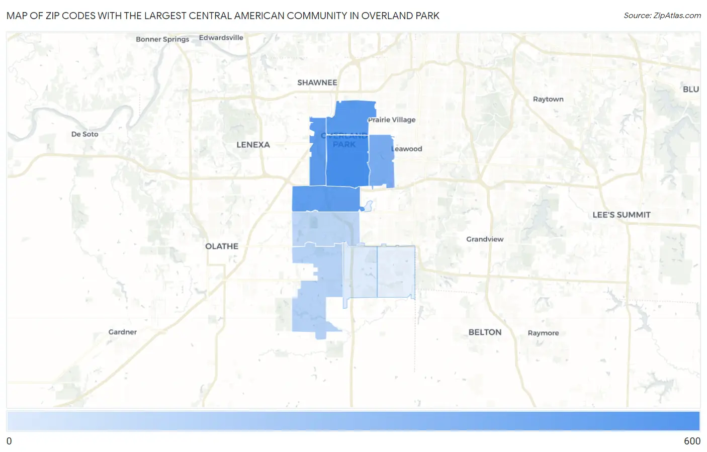 Zip Codes with the Largest Central American Community in Overland Park Map